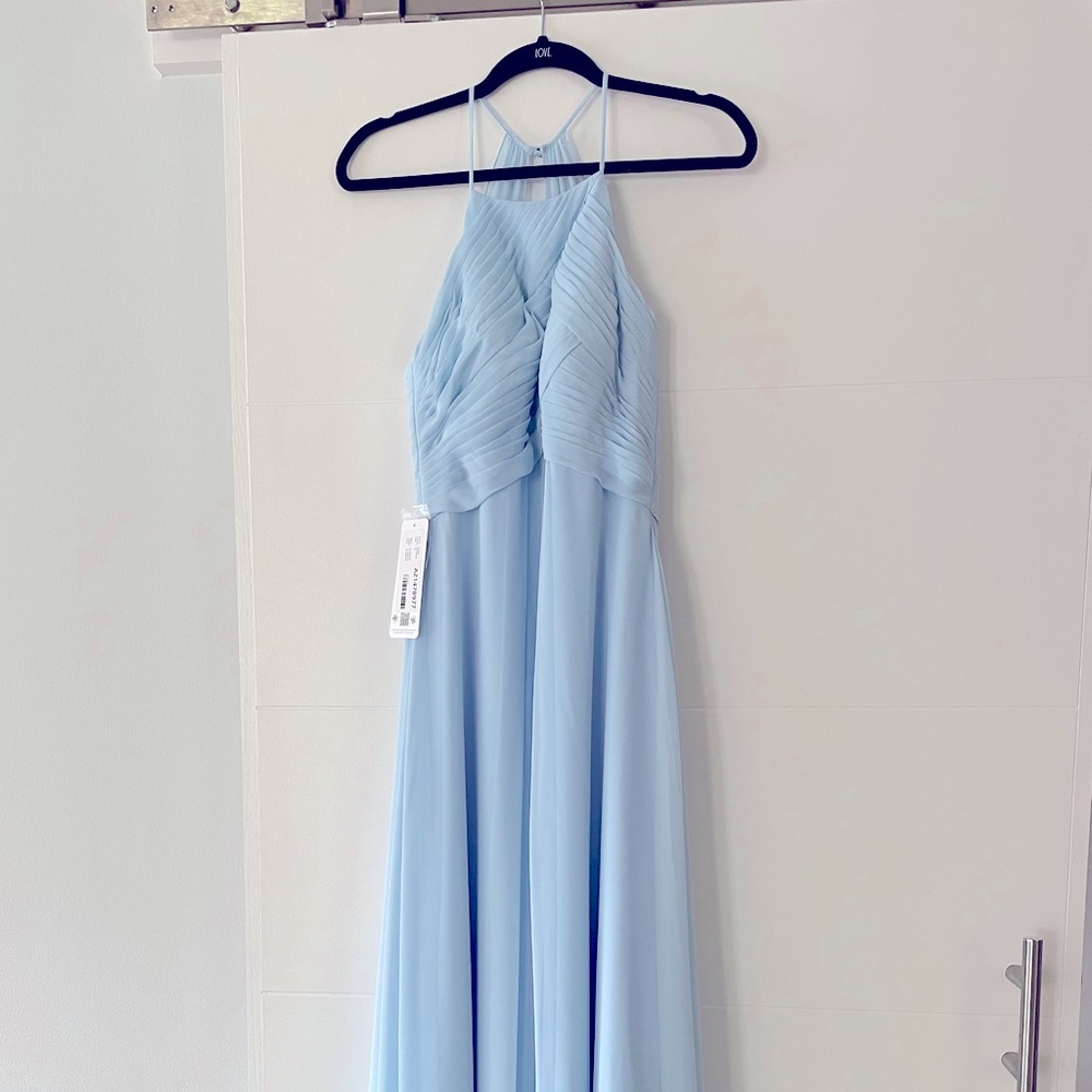 Light blue, floor length, halter dress with draping at the top!